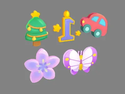 Cartoon icon - car-number1-Christmas tree-butterfly-flower Low-poly 3D model
