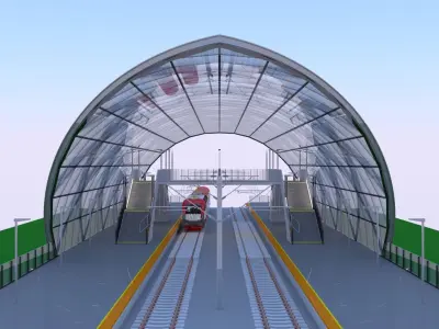 Railway station with train II 3D model