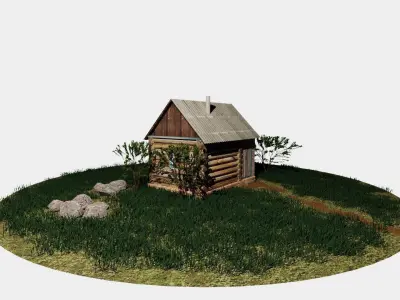 Bathhouse log cabin in middle of grassy field 3D model