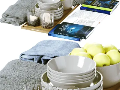 Decor set of books and bowls on tray Low-poly 3D model