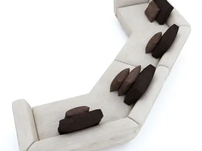 Geometric curved sofa with wooden base and cushions 3D model