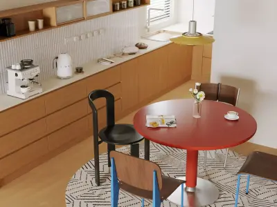 Colorful Modern Kitchen Dining Set with Red Round Table 3D model