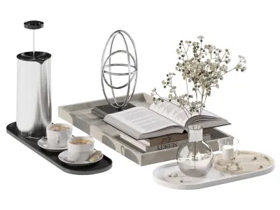 Coffee set 12 - tray pot cup books figurine flower 3D model