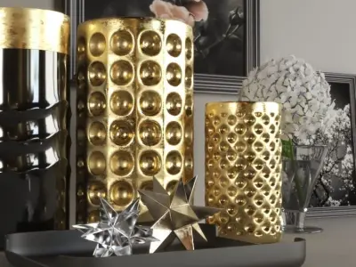 set1137 gold vases and flowers on table 3D model