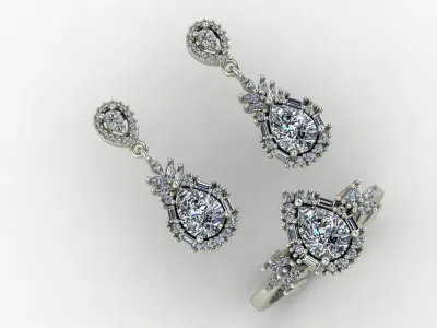 Pear baguette marquise and round cut diamond set 3D print model