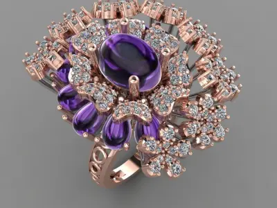 Amethyst Stone With Daimond  Flowers Ring 3D printable 3D print model