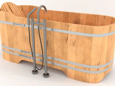 Wooden bath and faucet Low-poly 3D model