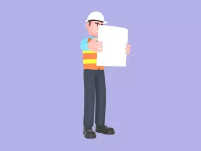 3D Cartoon Male Architect Character-Happy Holding Large Document 3D model
