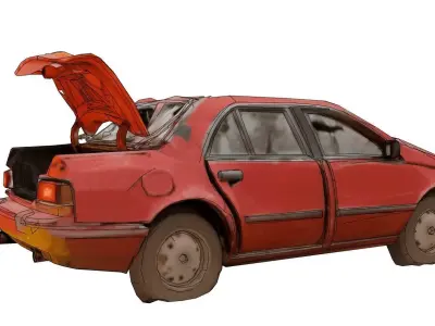 Derelict red car amid debris 3D model