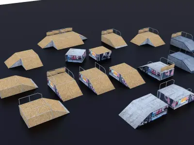 Skate Park Extreme sports fun boxes ramps wood and metal pack Low-poly 3D model