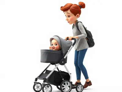 Cartoon Woman and Baby with Stroller Model Pack Low-poly 3D model