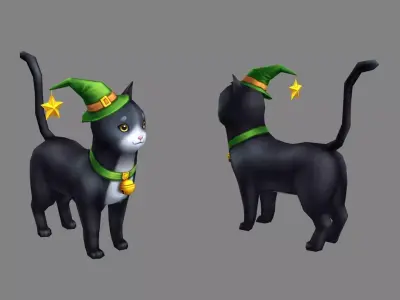 Cartoon black cat wearing wizard hat Low-poly 3D model