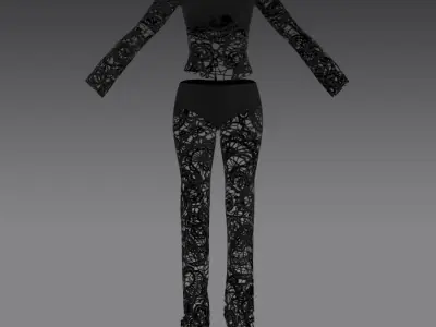LACE FABRIC BLACK BLOUSE ANDPANT TWO PIECES 3D model