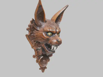 Carved Wooden Diabolical Cat Head Wall Mount  Low-poly 3D model