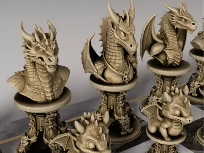 Dragon Chess Pieces Set of 6  Fantasy Dragon Busts Baby Dragon  3D print model