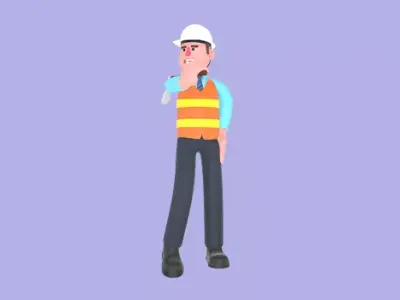 3D Cartoon Male Architect Character - Thinking Pose with Hammer 3D model