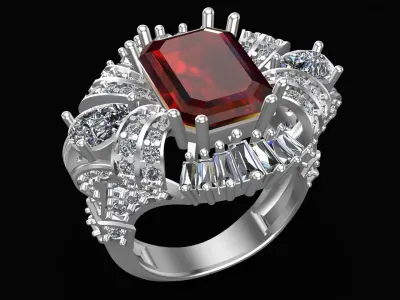 King Crown Big Emerald Cut Diamonds Ring 3D print model