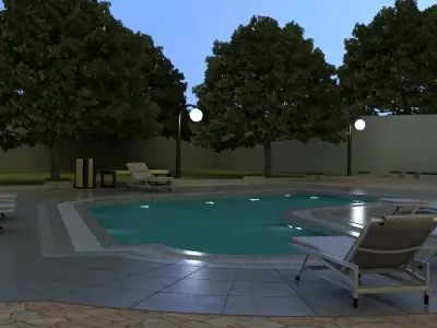 waterpool swimming pool with lounge chairs and trees 3D model