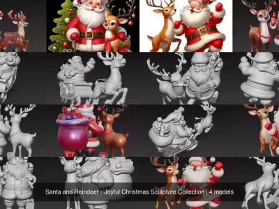 Santa and Reindeer - Joyful Christmas Sculpture Collection