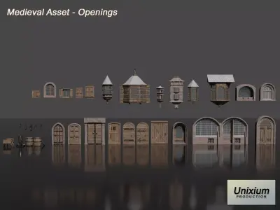 Medieval Door and Windows  Low-poly 3D model