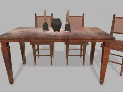 Table Set wooden chair Low-poly 3D model