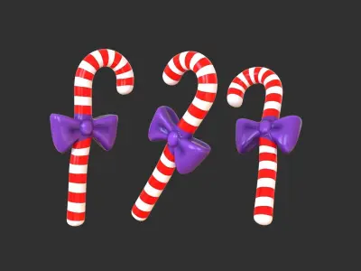 Candy Cane 03 with Bow 3D Model Christmas Decor Low Poly  Low-poly 3D model