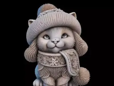Winter Fluffy Cat Sculpture 3D print model