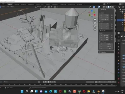 fallout model  with old car and old garage low poly model Low-poly 3D model