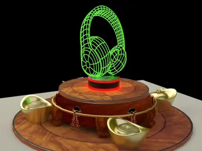 Chinese gold ingot  with neon headphone  3D model