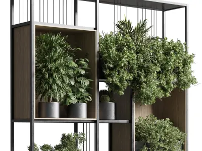 Standing metal shelf with a set 384 of plants in metal boxes Low-poly 3D model
