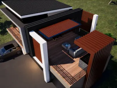 Garage modern house with car parked in front 3D model