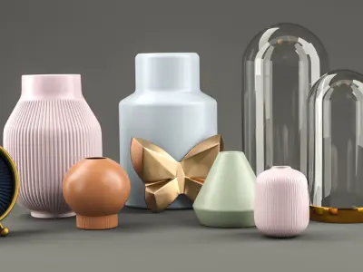 set 001 different vases and clocks 3D model