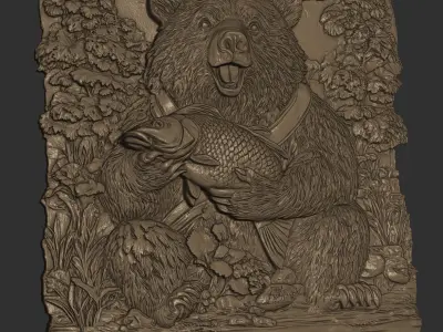 Bear with  Fish 3D Relief 3D print model