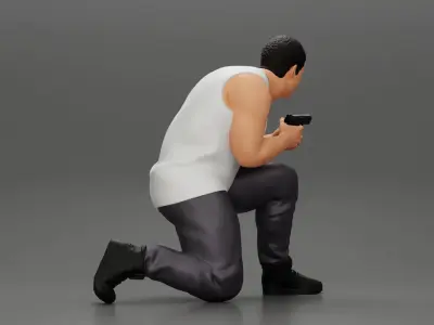 Gangster in pants sitting and holding a gun hides behind the car 3D print model