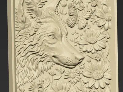 Wolf Head and Flowers A52 3D print model
