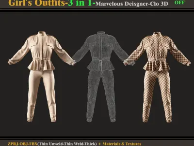 3 in 1 Girls Outfits- MD-Clo3d -OBJ - FBX -Materials-Textures  3D model
