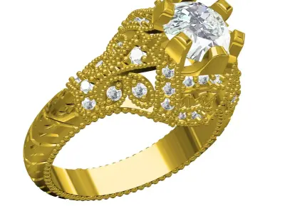 6 Prong Round Diamond Art Deco Ring 3D print model