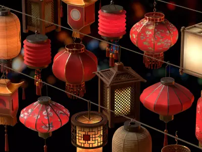 Japanese Lanterns Set Low-poly 3D model