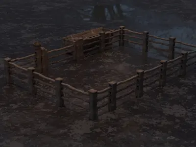 Wooden Fence Trough Gate and Bucket Low-poly 3D model