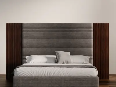 Luxury Upholstered Bed with Wood Accent Panels 3D model