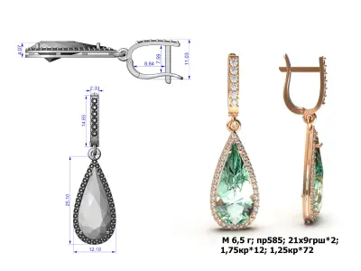 G0092 amethyst and diamond earrings in rose gold 3D print model