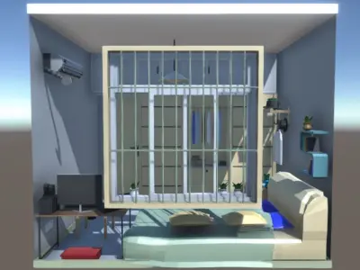 Low poly Bedroom room with closet and clothes Low-poly 3D model
