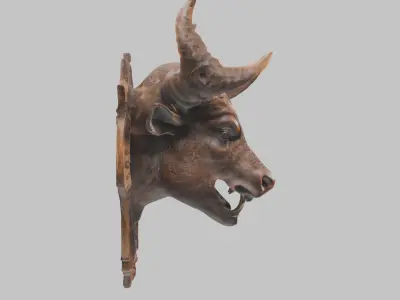 Carved Wooden Bull Head Wall Mount Low-poly 3D model