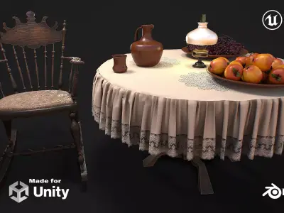 Furniture set with dishes and fruits 3d model Low-poly 3D model