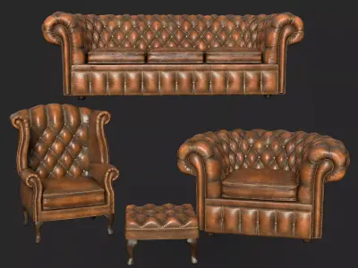 Chair Chesterfield Leather 4 Piece Suite Low-poly 3D model