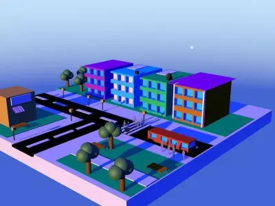 City Low-Poly with buildings and street Low-poly 3D model