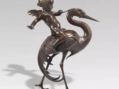 Bronze Sculpture Cherub Riding Heron Classical Artistic Figurine Low-poly 3D model
