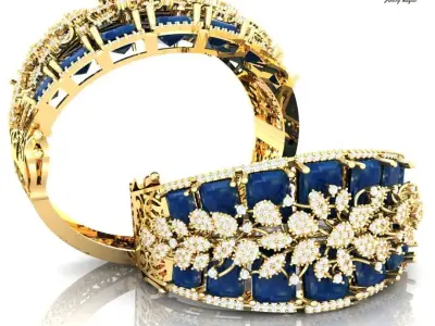 Gold bracelet adorned with blue gemstones and sparkling diamonds 3D print model