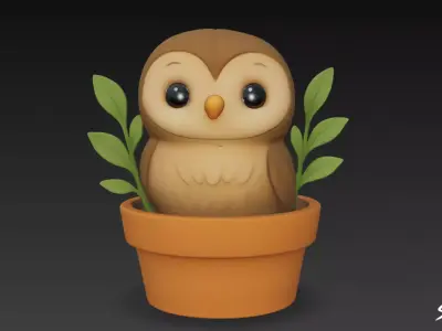 Owl in Flower Pot Low-poly 3D model