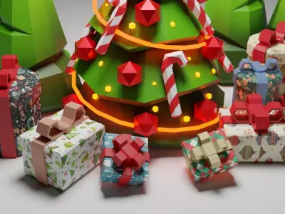 CHRISTMAS TREE BEAUTIFUL WITH GIFTS Low-poly 3D model